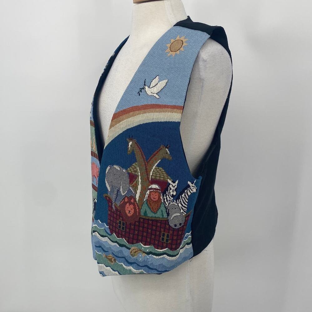 Vintage Noahs Ark Needlepoint Embroidered Animals Vest Open Front Blue Womens L - Picture 6 of 7